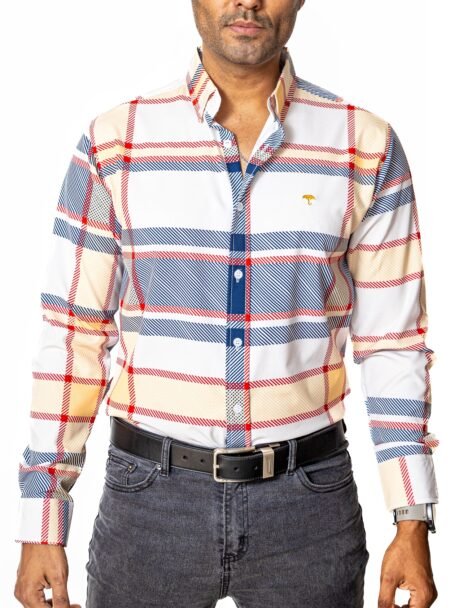 Camisa Hombre Casual Cuadros Blancos, Azul, Beige Lineas