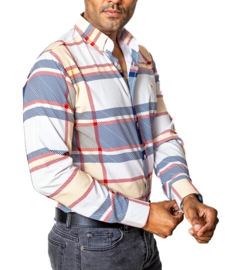 Camisa Hombre Casual Cuadros Blancos, Azul, Beige Lineas 1