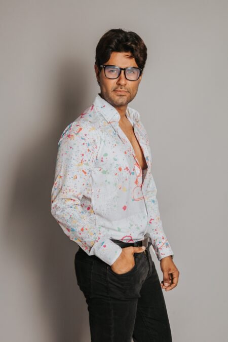 Camisa Hombre Casual Blanca Manchas Pintura Kawas 1
