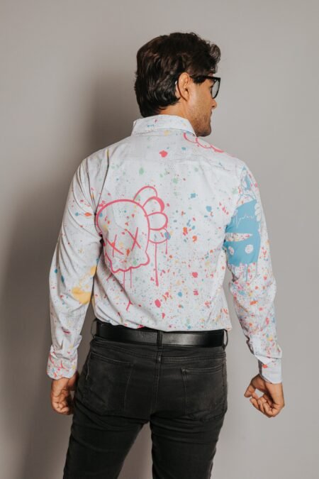 Camisa Hombre Casual Blanca Manchas Pintura Kawas 3