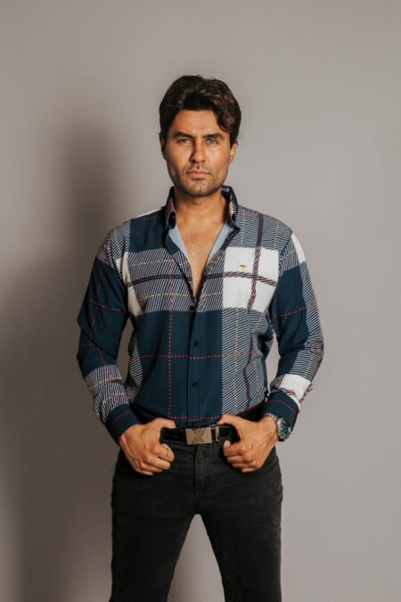 Camisa Hombre Casual Cuadros Azul Marino, Blancas Lineas