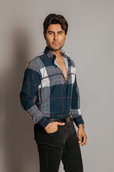 Camisa Hombre Casual Cuadros Azul Marino, Blancas Lineas 1