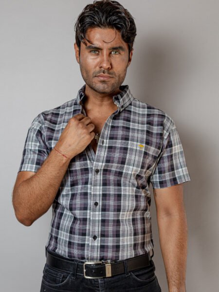 Camisa Hombre Manga Corta Casual Cuadros Grises