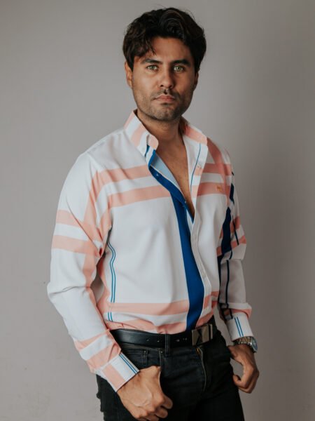 Camisa Hombre Casual Blanca Lineas Coral, Azul 1