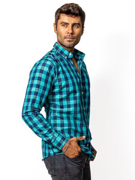 Camisa Hombre Casual Cuadros Verdes, Azul Marino 3