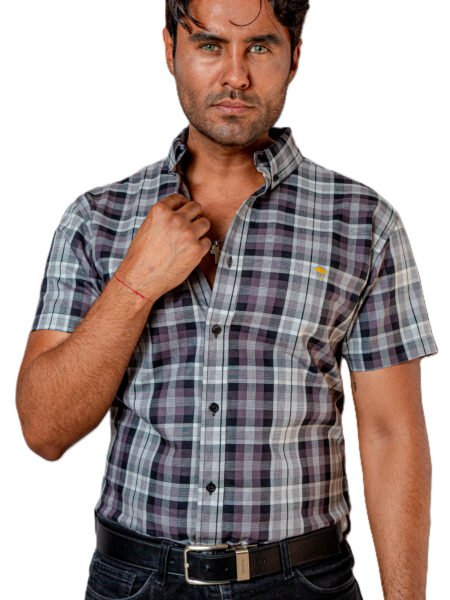 Camisa Hombre Manga Corta Casual Cuadros Grises