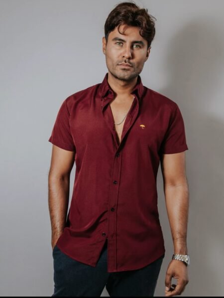 Camisa Hombre Casual Manga Corta Vino Lisa 4