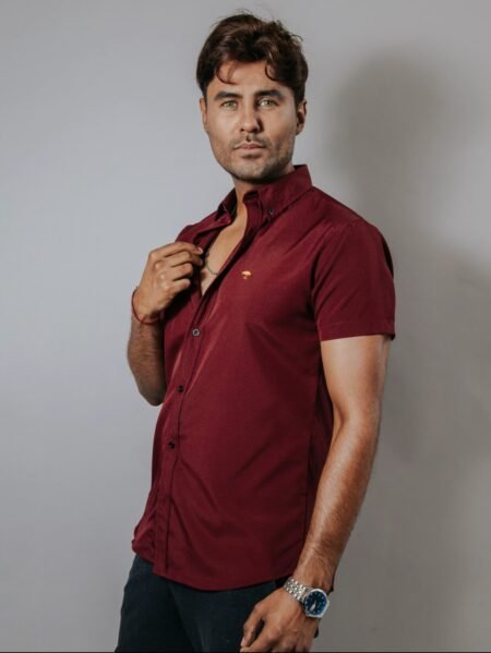 Camisa Hombre Casual Manga Corta Vino Lisa