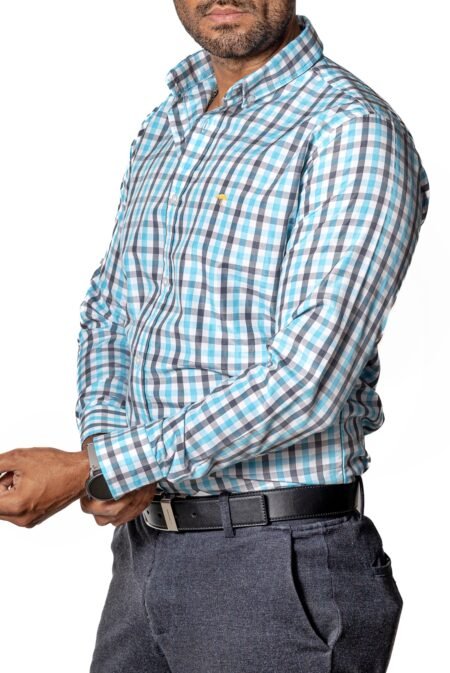 Camisa Hombre Casual Cuadros Blancos, Azul Claro, Negros