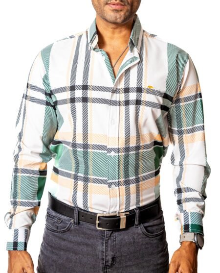 Camisa Hombre Casual Blanca Cuadros Rayados Verdes 3