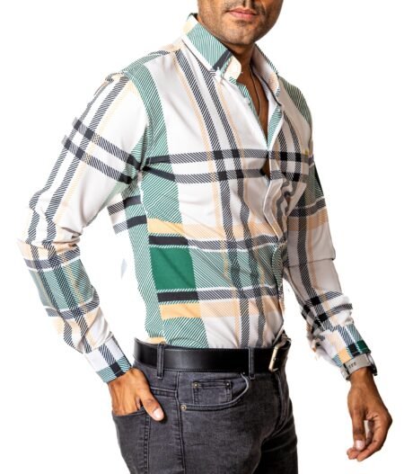 Camisa Hombre Casual Blanca Cuadros Rayados Verdes