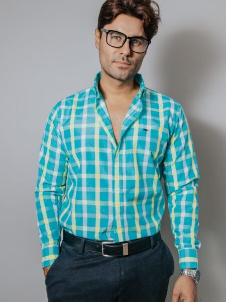 Camisa Hombre Casual Cuadros Verdes Lineas Amarillas