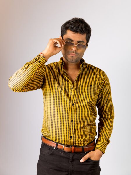 Camisa Hombre Casual Mini Cuadros Amarillos, Negros 1