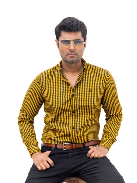 Camisa Hombre Casual Mini Cuadros Amarillos, Negros