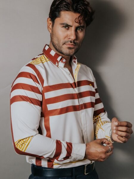 Camisa Hombre Casual Blanca Franjas Marrón, Amarillas 1