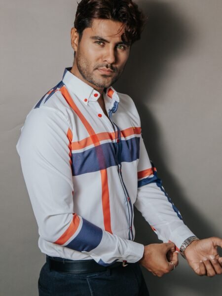 Camisa Hombre Casual Blanca Franjas Naranjas, Purpuras 4