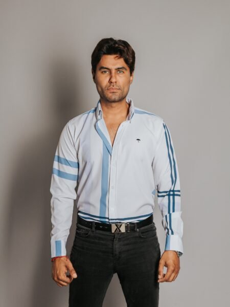 Camisa Hombre Casual Blanca Franjas Azules, Lila 4