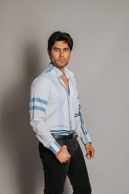 Camisa Hombre Casual Blanca Franjas Azules, Lila