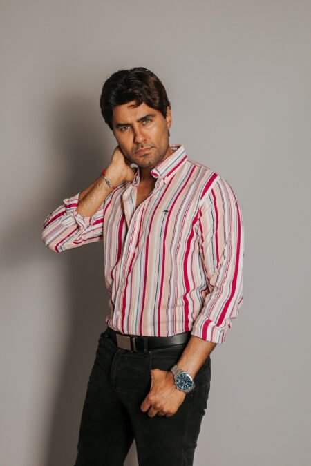 Camisa Hombre Casual Rayas Rosas, Coral, Blanca 2