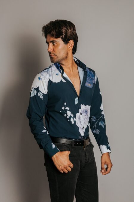 Camisa Hombre Casual Azul Marino Rosas Blancas, Azules 4