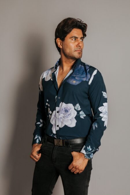 Camisa Hombre Casual Azul Marino Rosas Blancas, Azules