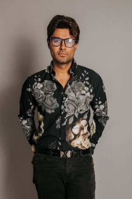 Camisa Hombre Casual Negra Rosas Grises Calaveras