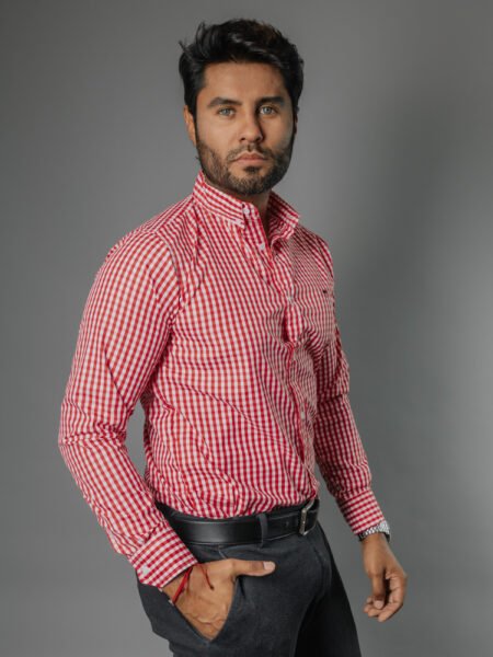 Camisa Hombre Casual Cuadros Chicos Rojos, Blancos 1