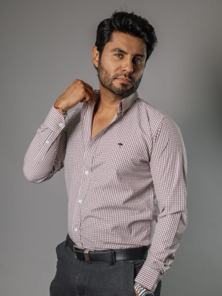 Camisa Hombre Casual Blanca Mini Cuadros Rojos, Negros 1