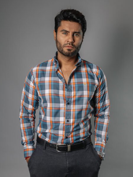 Camisa Hombre Casual Cuadros Verdes, Naranjas, Blancos