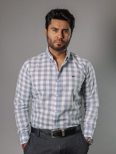 Camisa Hombre Casual Cuadros Gris Azulados, Blancos