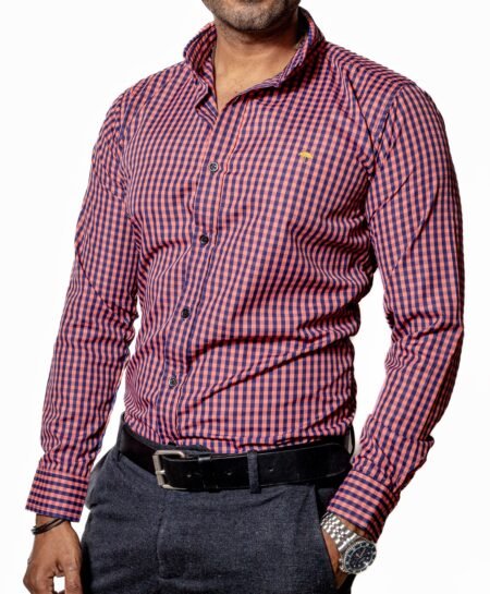 Camisa Hombre Casual Mini Cuadros Rosas, Azul Marino 2