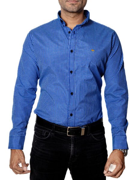 Camisa Hombre Casual Azul Mini Cuadros Blancos