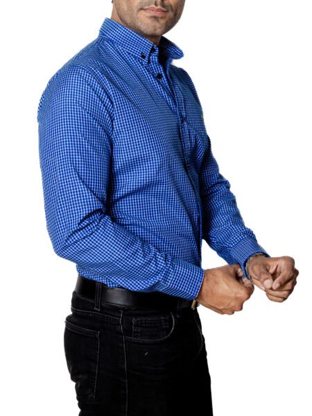 Camisa Hombre Casual Azul Mini Cuadros Blancos 1