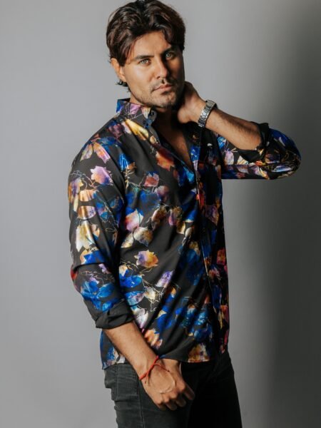 Camisa Hombre Casual Negra Flores Tornasol