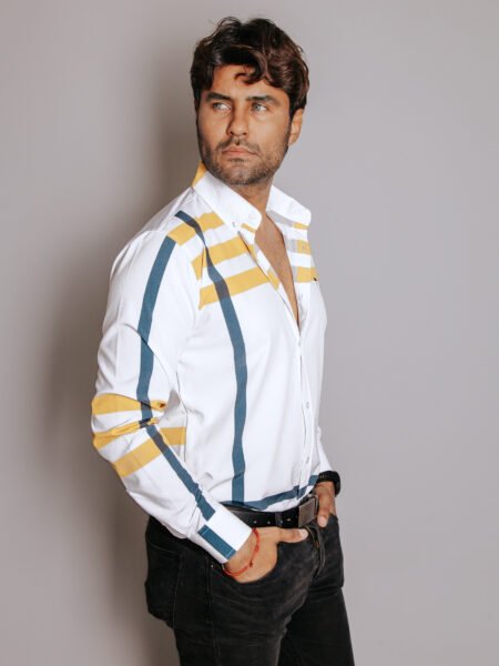 Camisa Hombre Casual Blanca Franjas Amarillas, Marino 2