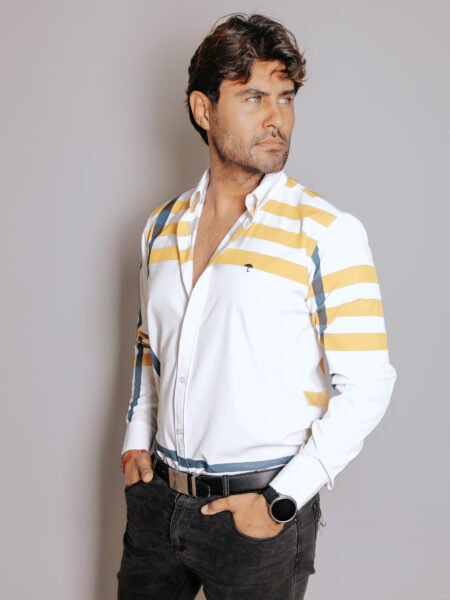 Camisa Hombre Casual Blanca Franjas Amarillas, Marino 1