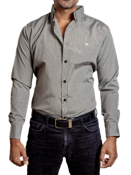 Camisa Hombre Casual Verde Olivo Mini Cuadros Blancos