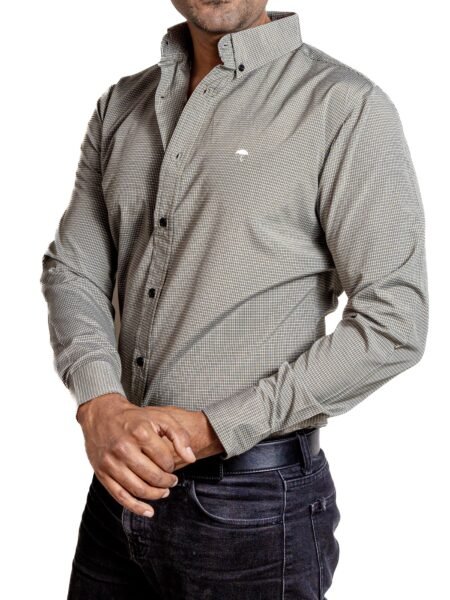 Camisa Hombre Casual Verde Olivo Mini Cuadros Blancos 1