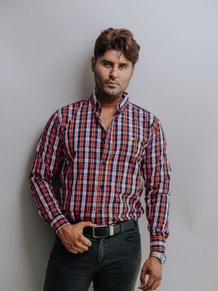 Camisa Hombre Casual Cuadros Naranja, Marino, Blancos