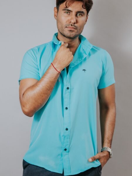 Camisa Hombre Casual Manga Corta Azul Turqueza