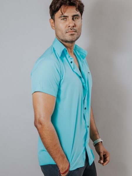 Camisa Hombre Casual Manga Corta Azul Turqueza 1