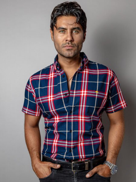 Camisa Hombre Casual Manga Corta Cuadros Marino Lineas
