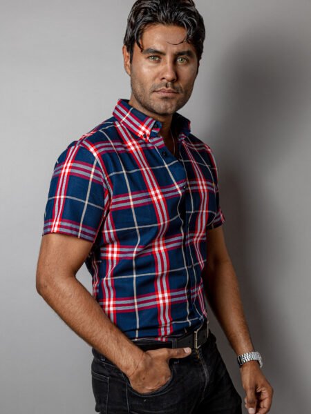 Camisa Hombre Casual Manga Corta Cuadros Marino Lineas 2