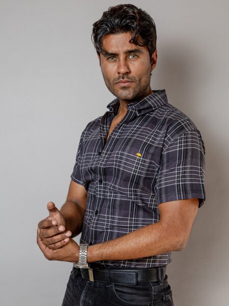 Camisa Hombre Casual Manga Corta Cuadros Negros, Gris Lineas