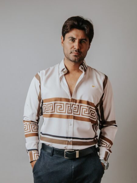 Camisa Hombre Casual Blanca Franjas Marrón 3