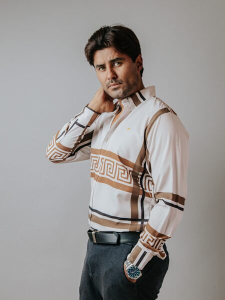 Camisa Hombre Casual Blanca Franjas Marrón