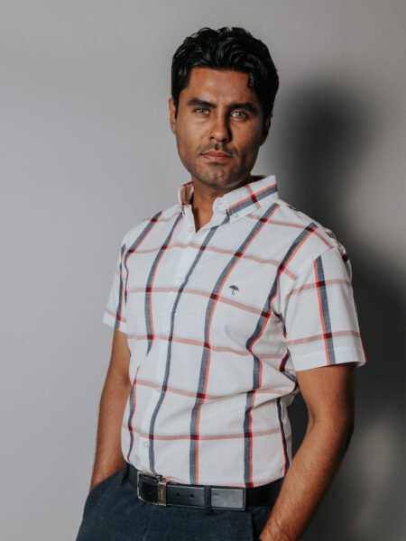 Camisa Hombre Casual Manga Corta Cuadros Blancos Lineas 1