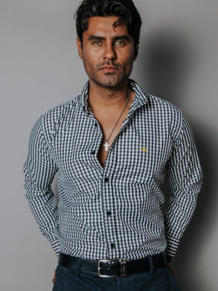 Camisa Hombre Casual Mini Cuadros Negros, Blancos 4