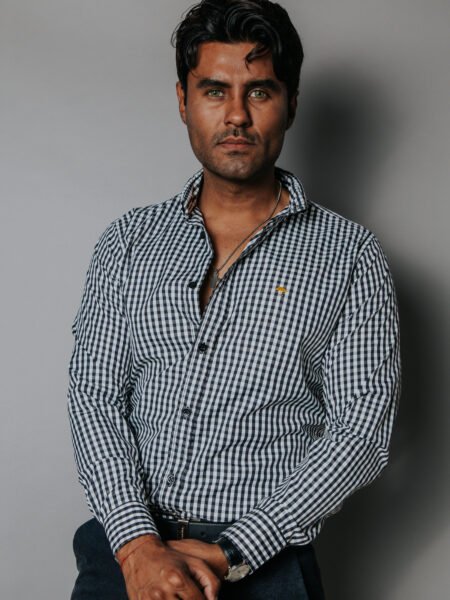 Camisa Hombre Casual Mini Cuadros Negros, Blancos