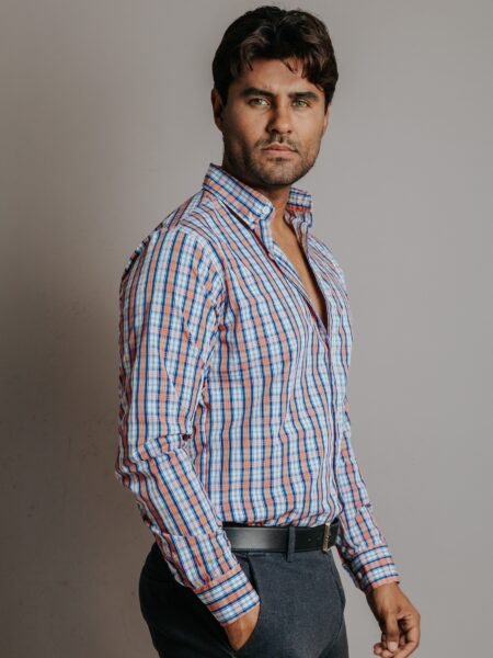 Camisa Hombre Casual Cuadros Blancos, Naranjas, Azules